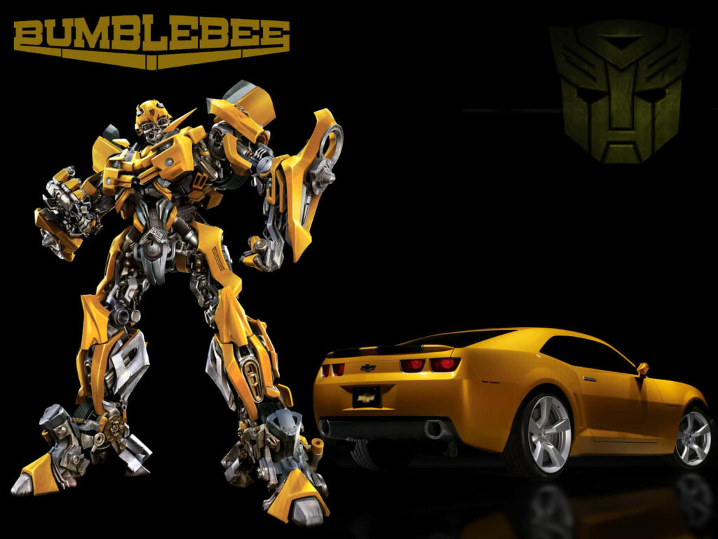 Bumblebee in yellow black armor with sleek Camaro against bold black background wallpaper