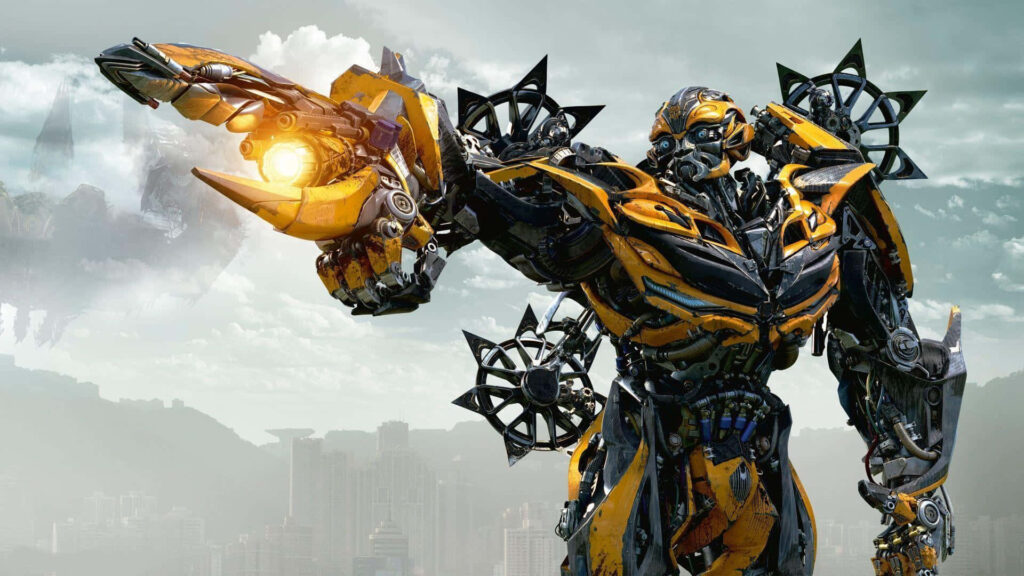 Bumblebee robot ready to transform in front of futuristic cityscape vibrant dynamic wallpaper
