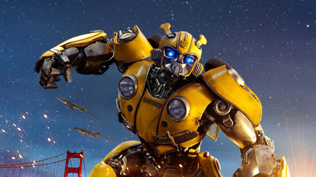 Bumblebee Autobot in yellow muscle car form against starry night sky wallpaper background