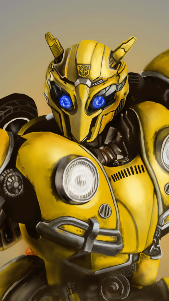 Bumblebee yellow Transformer wallpaper with glowing blue eyes and detailed mechanical design background