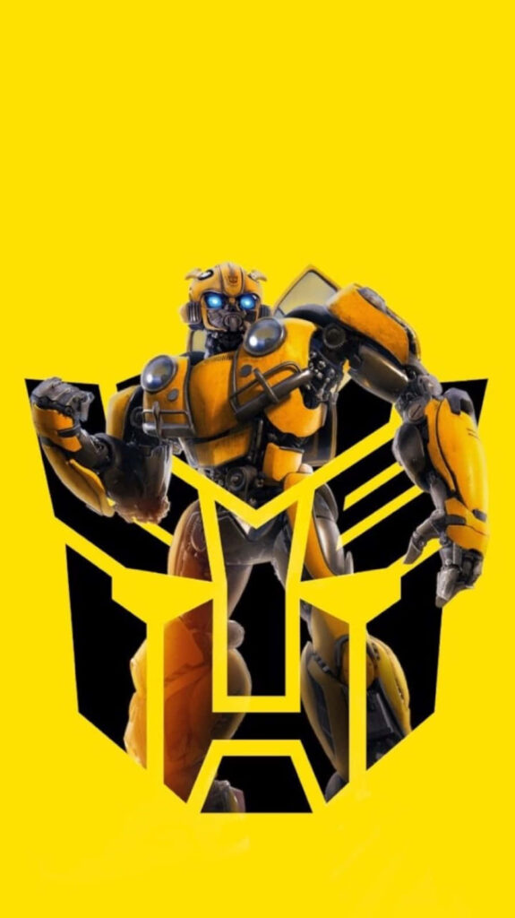 Bumblebee Transformer dynamic pose with Autobot symbol on bold yellow wallpaper background