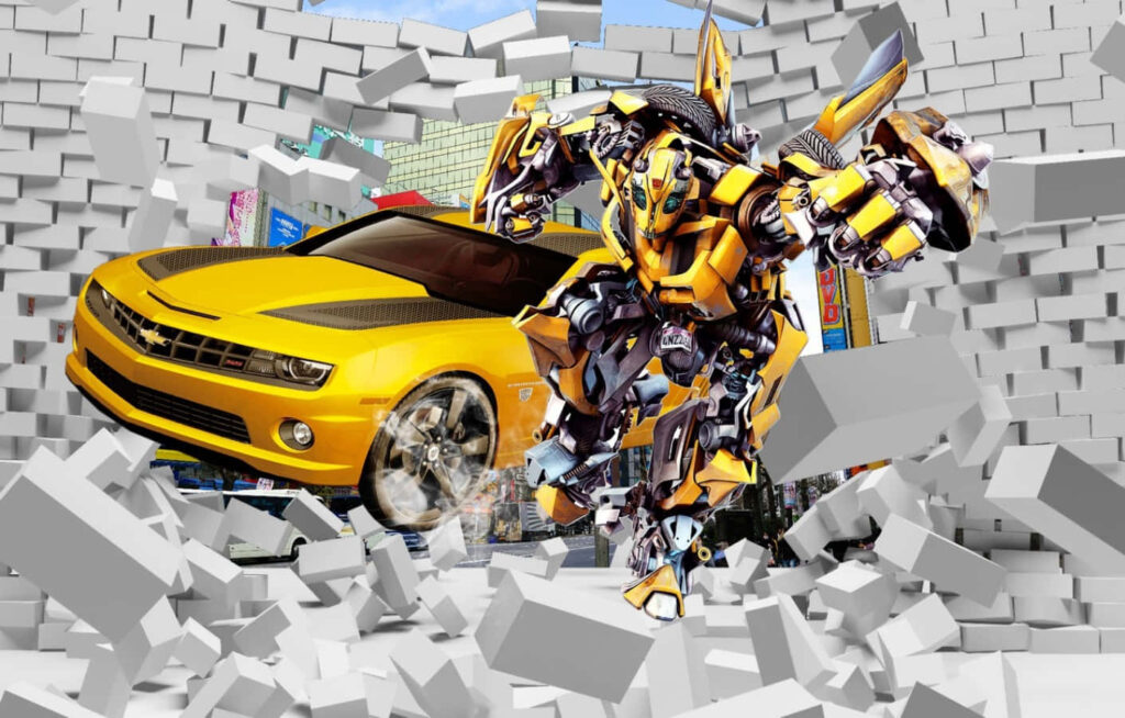 Bumblebee Transformer bursting through wall showing robotic form and yellow Camaro car background Wallpaper