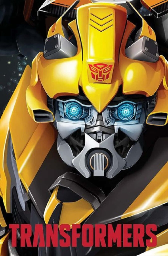 Bumblebee Transformers wallpaper with detailed yellow metallic robot design and vibrant blue eyes