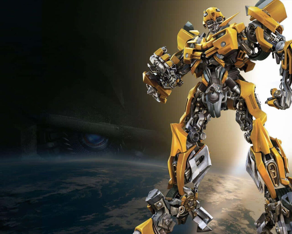 Bumblebee in yellow armor glowing against cosmic background symbolizing heroism and transformation Wallpaper