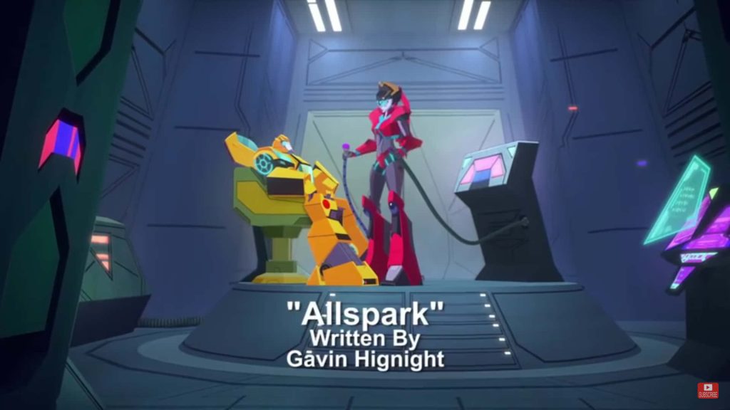 Bumblebee and Windblade in futuristic tech bay with glowing consoles Transformers Cyberverse scene Wallpaper