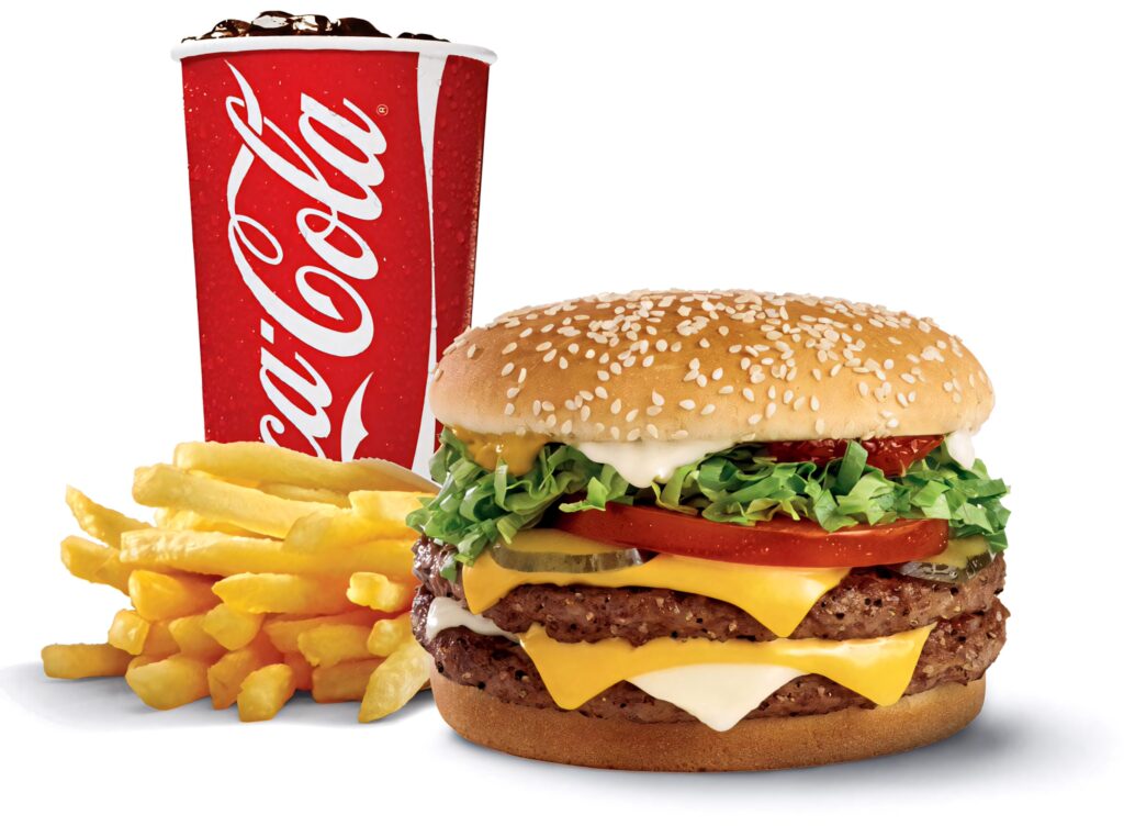 Burger King double cheeseburger with fresh lettuce tomatoes melted cheese fries and Coca Cola Wallpaper
