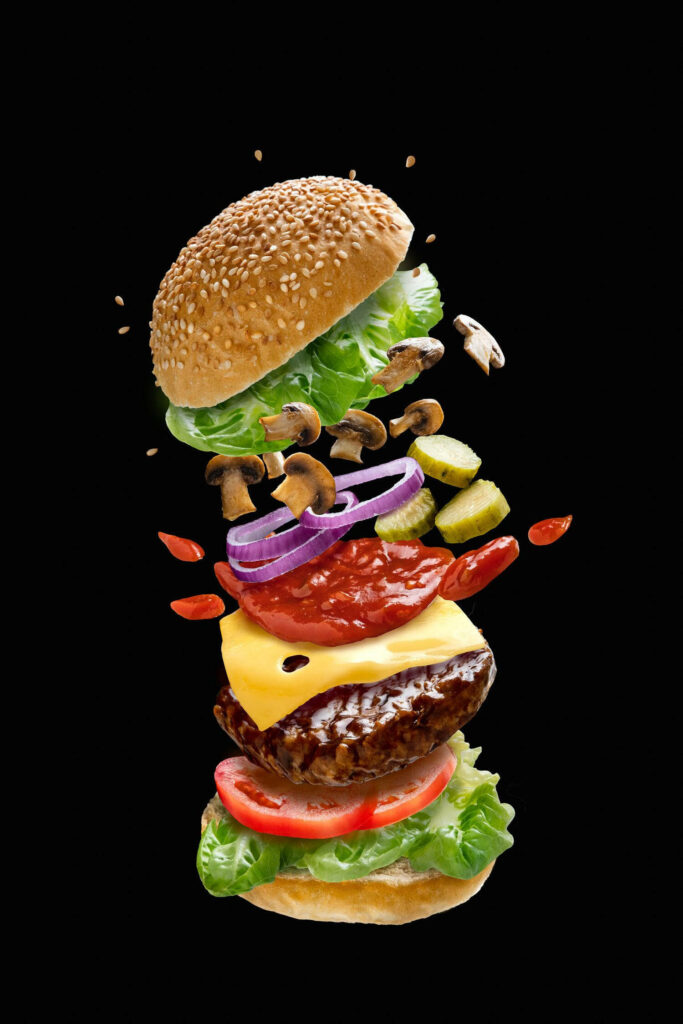 Burger King floating burger wallpaper fresh lettuce tomato cheese beef patty high resolution