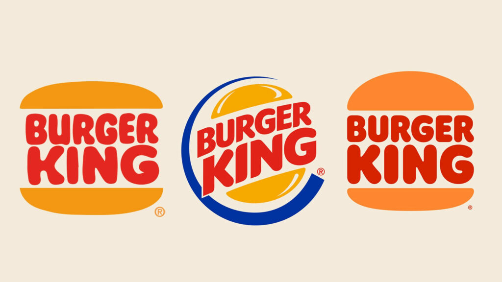 Burger King logo evolution with three retro designs on soft beige wallpaper background