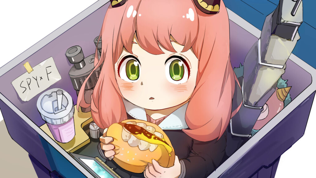 Burger Break in the Spy Lair: Anya Forger's Adorable Appetite! Wallpaper