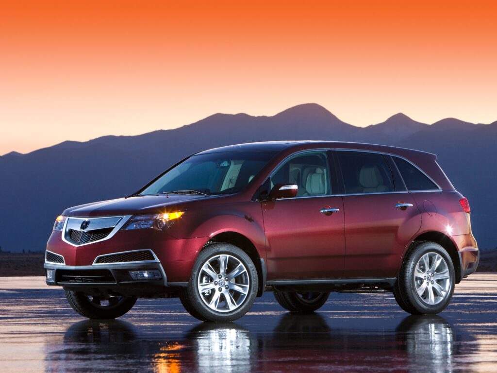 Burgundy Acura MDX Sunset Reflection on Wet Asphalt with Mountains Wallpaper