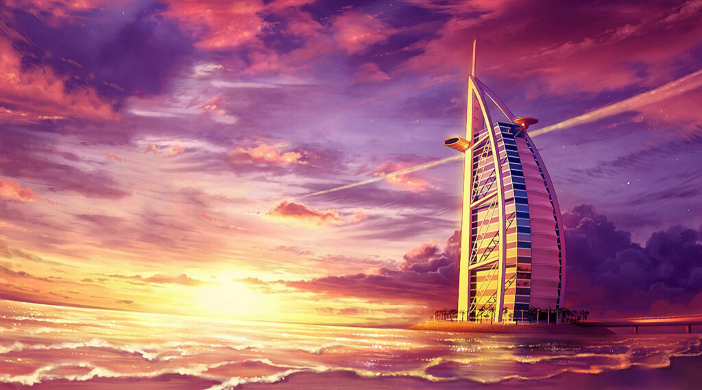 Burj Al Arab by sea at sunset with pink sky soft clouds and shimmering water reflections wallpaper