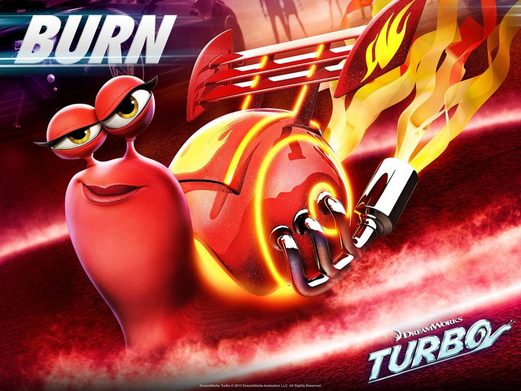 Burn racing snail Turbo 3D CGI wallpaper red shell flaming exhaust neon background speed