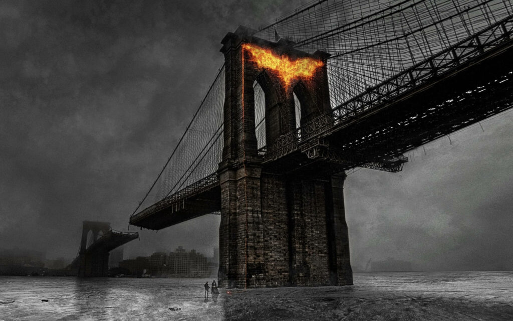 Brooklyn Burns: Dystopian Batman Logo Ignites the Skyline Wallpaper