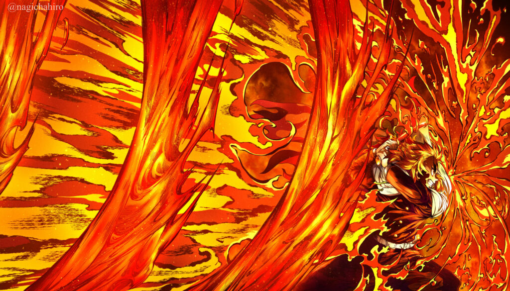 The Blazing Mastery: Kyojuro Rengoku Unleashing Inferno with Fiery Swordplay - Fiery-red Demon Slayer Background Image Wallpaper