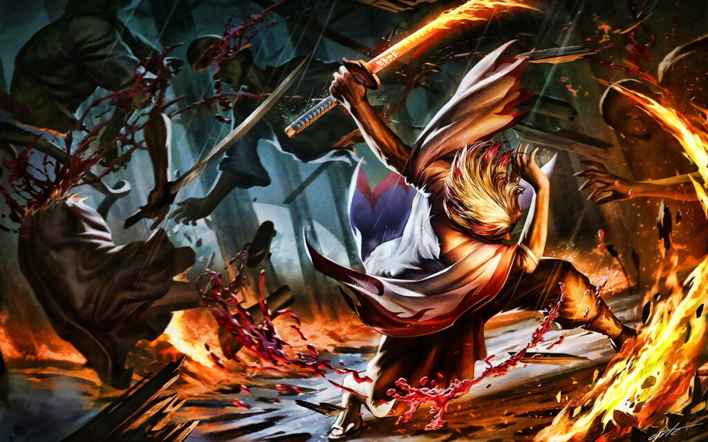 Blazing Valor: Kyojuro Rengoku Unleashes his Battle Prowess - A Splendid Demon Slayer Artwork from Kimetsu no Yaiba Wallpaper