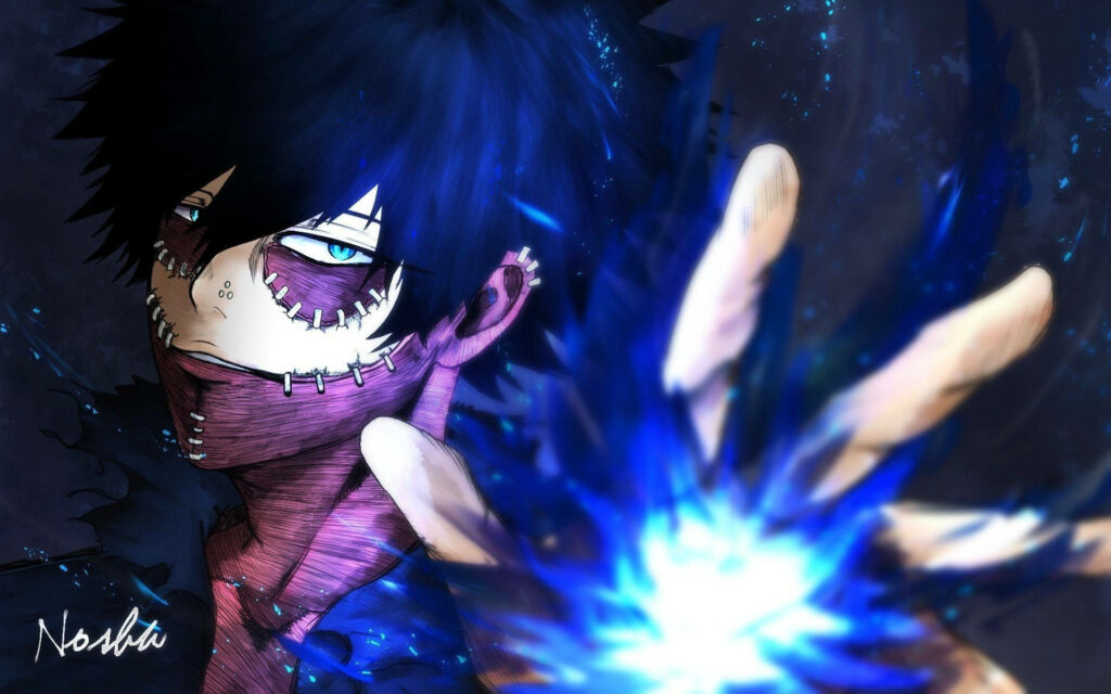 Dabi from My Hero Academia unleashing powerful blue flames on dark background Wallpaper