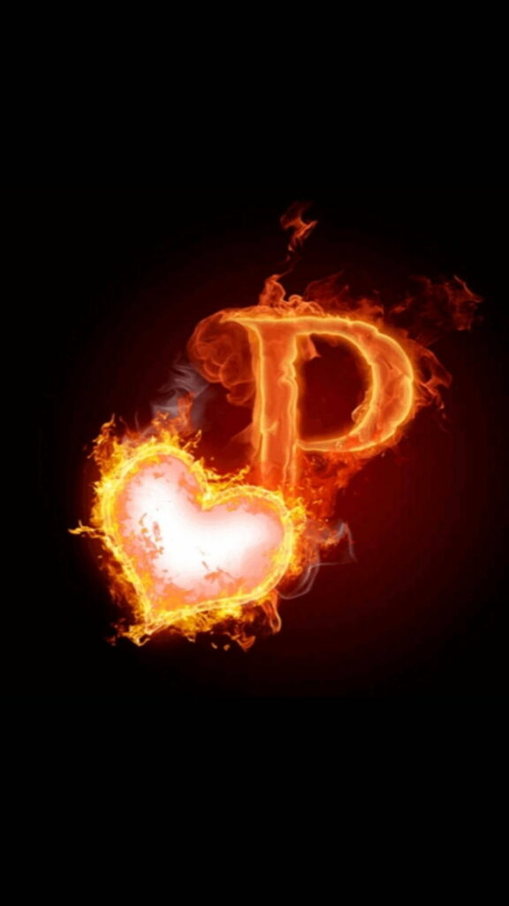 Burning Passion: HD Phone Wallpaper featuring a Fire-Infused Heart Design with the Letter P