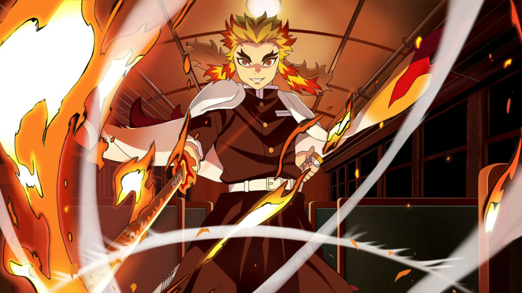 Fiery Clash: Kyojuro Rengoku's Epic Battle Onboard Demon Slayer Mugen Train Wallpaper