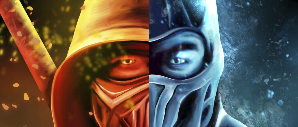 Fiery Clash: Mortal Kombat's Scorpion and Sub-Zero Summoned in Breathtaking Fire and Ice Widescreen Wallpaper