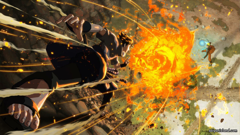The Fiery Showdown: Naruto Vs. Sasuke in a 4k Battle amidst a Blazing Inferno Wallpaper