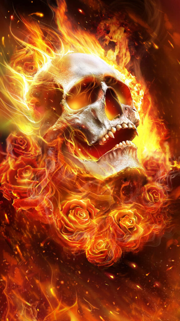 Fiery Skull and Flaming Roses - Tengkorak-inspired Background Wallpaper
