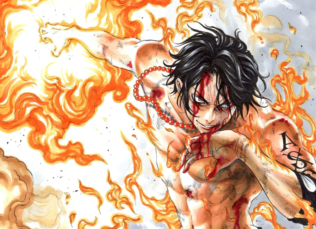 Fiery Battle Scars: Captivating Wallpaper Displaying Wounded One Piece Ace Amidst Blazing Inferno