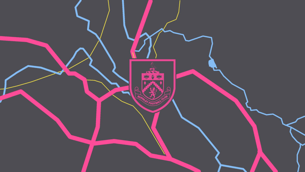 Burnley FC crest on dark gray abstract map with neon pink blue yellow routes wallpaper background