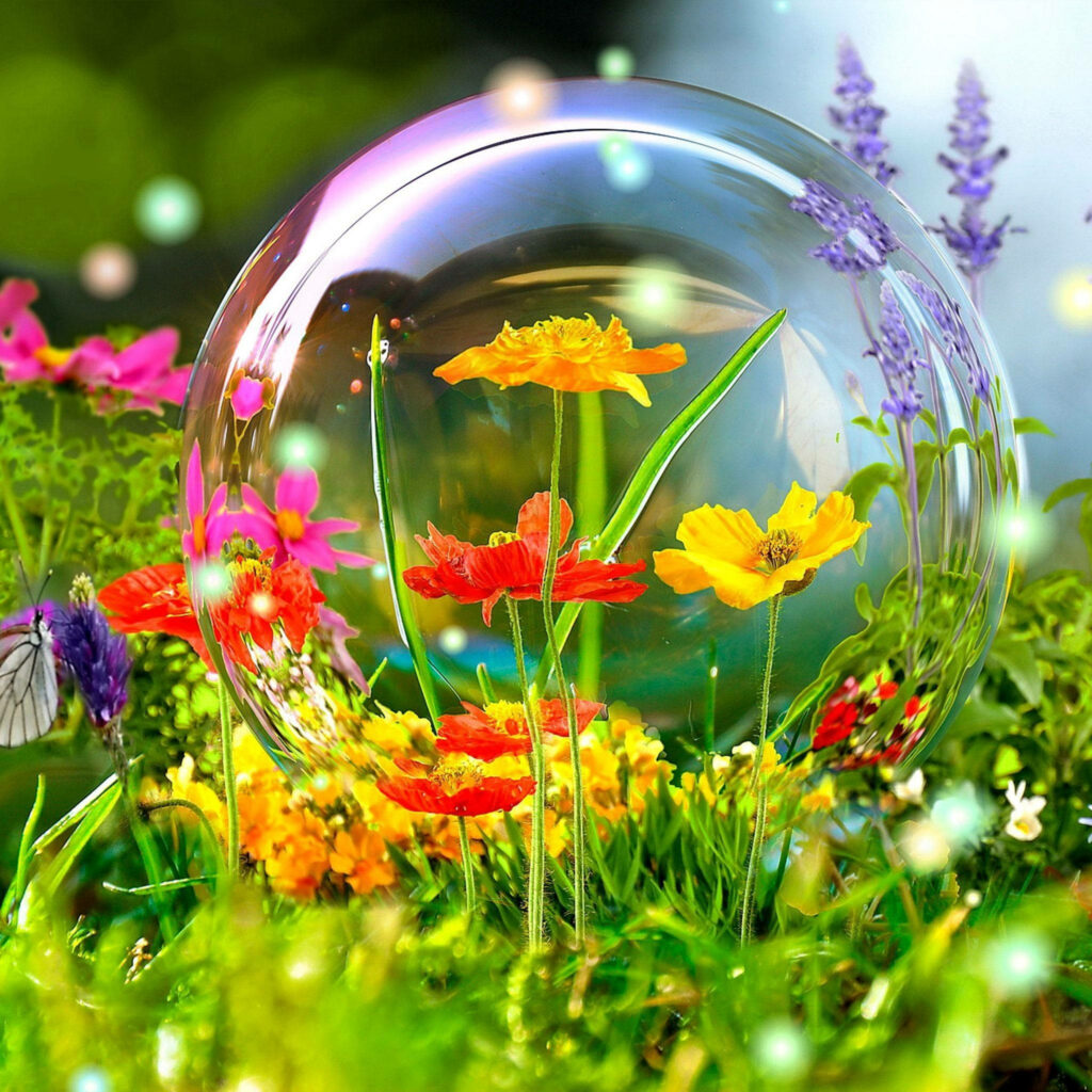 Bursting with Life: Immersive 3D Nature Animation Showcasing Vibrant Wildflowers Encompassed in a Bubbly Delight, Enhanced by Subtle Lens Flares Wallpaper