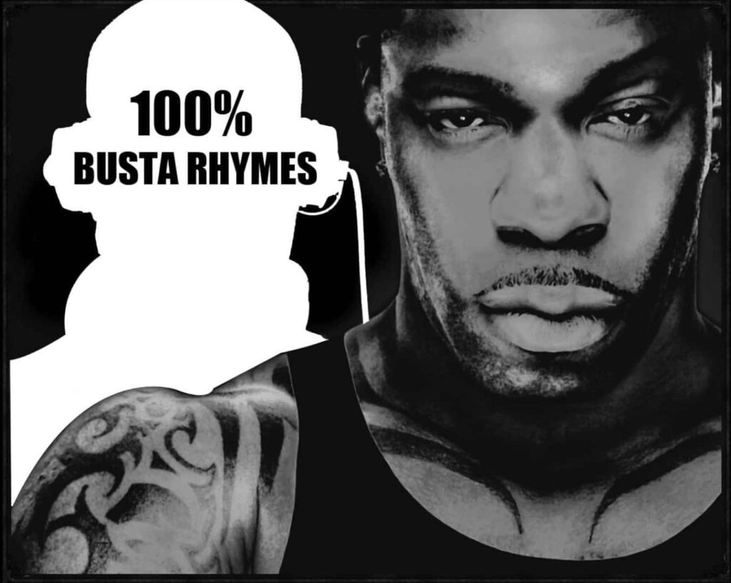 Black and white portrait of Busta Rhymes with intense expression and bold hip hop tattoo background Wallpaper