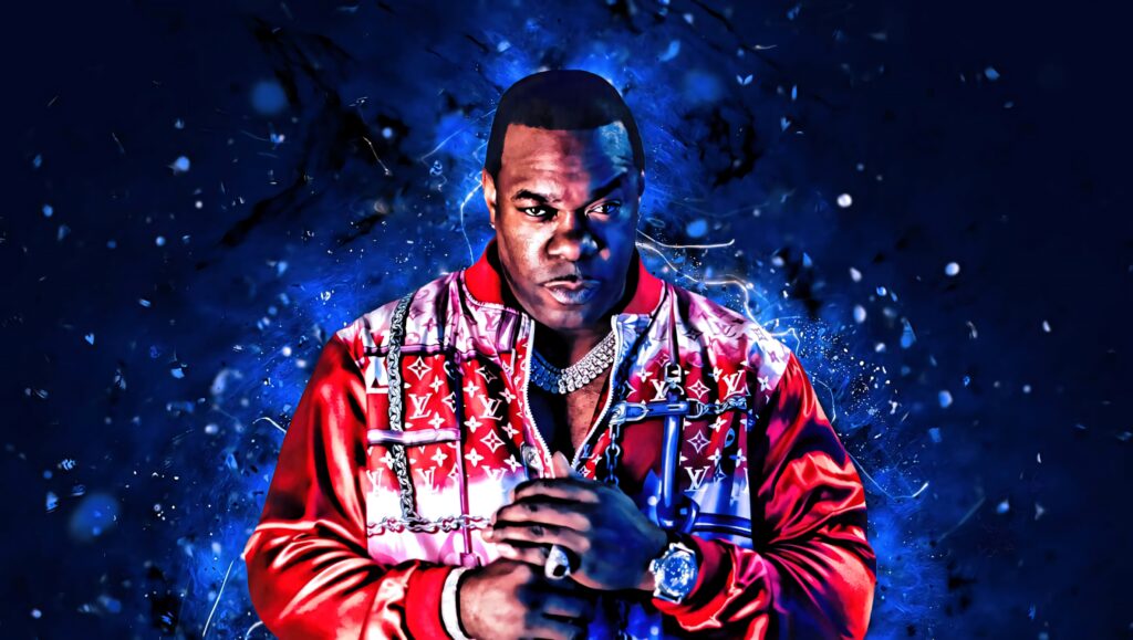 Busta Rhymes digital portrait wallpaper vibrant blue flare background bold red designer jacket