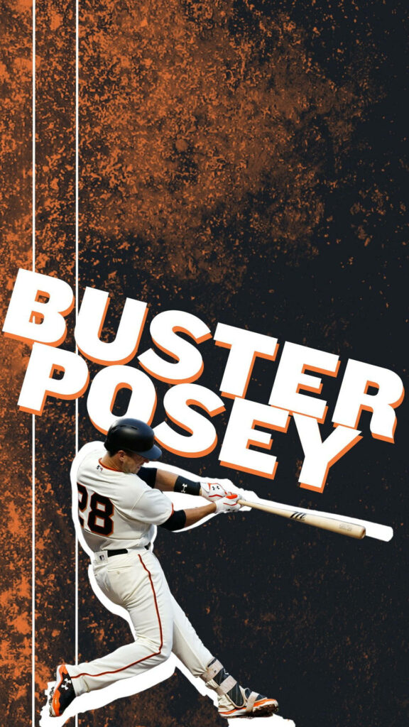 Buster Posey mid-swing dynamic wallpaper with bold orange black textured background intense action