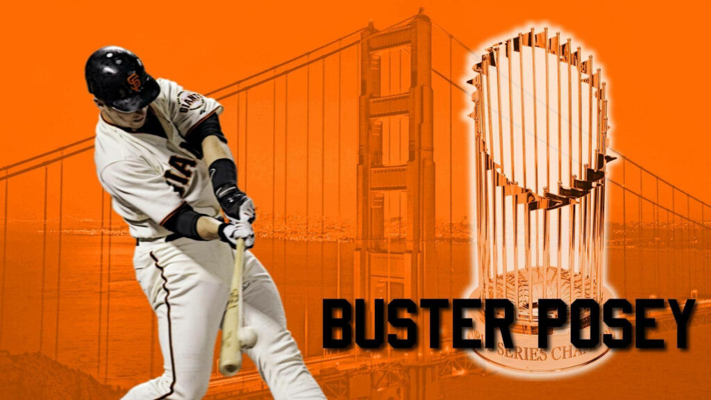 Buster Posey mid-swing orange wallpaper with Golden Gate Bridge and World Series trophy background
