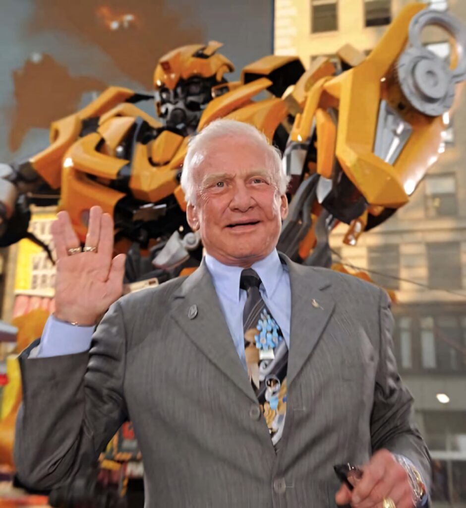 Buzz Aldrin with giant yellow Transformer in vibrant sci-fi cityscape blending space and robotics Wallpaper