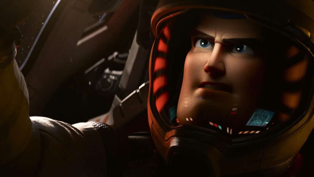 Buzz Lightyear 2022 close-up wallpaper with detailed suit helmet warm lighting dramatic background