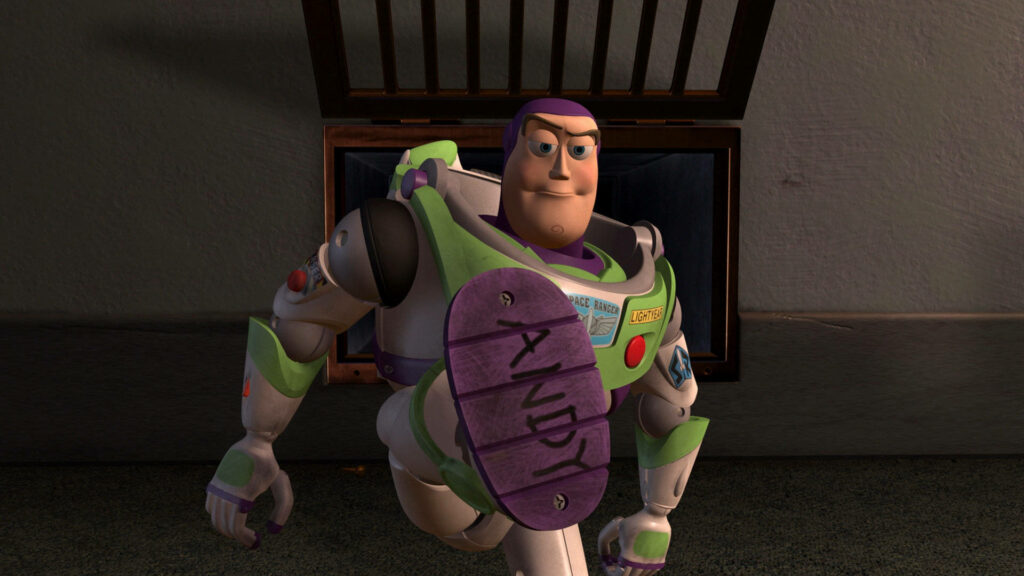 Buzz Lightyear standing confidently by vent showing boots with Andys name toy story wallpaper