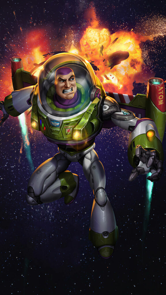 Buzz Lightyear in dynamic action with vibrant cosmic explosions space-themed digital art wallpaper