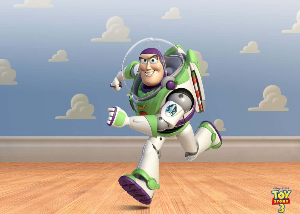 Buzz Lightyear's Heroic Pose Against Iconic Toy Story Wallpaper