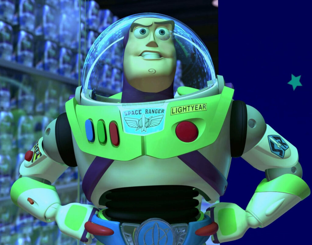 Buzz Lightyear in white green purple space ranger suit with shelves of toy versions background Wallpaper