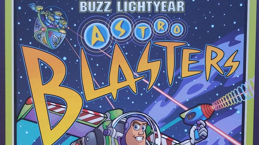 Buzz Lightyear Astro Blasters wallpaper soaring in colorful neon galaxy with blaster ready action
