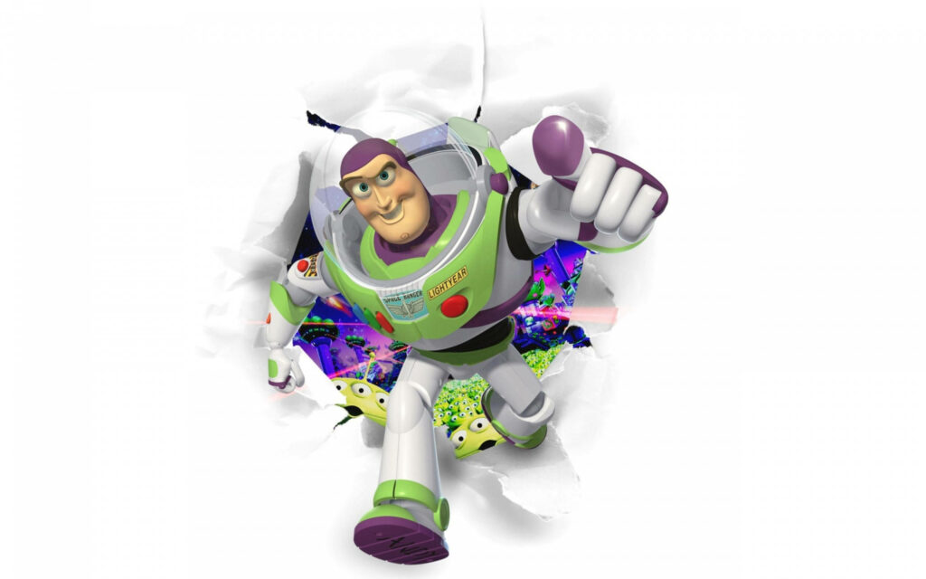 Buzz Lightyear in green white purple suit bursts through paper with playful aliens background Wallpaper