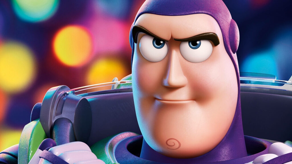 Close-up of Buzz Lightyear in detailed space suit with colorful bokeh background wallpaper