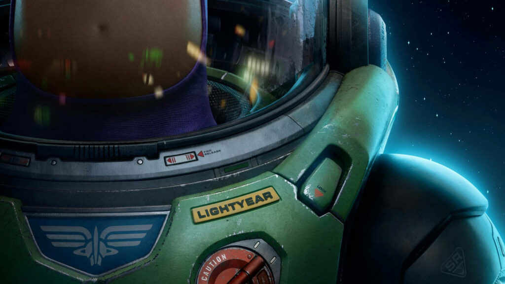 Close-up of Buzz Lightyear green spacesuit with Lightyear name tag and space wallpaper background