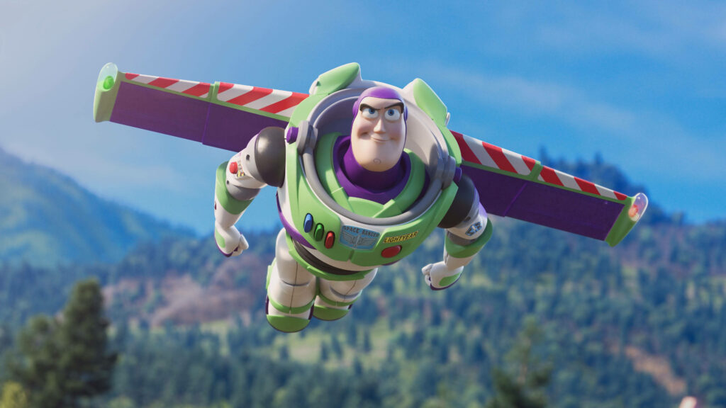 Buzz Lightyear flying with wings extended over scenic mountain landscape wallpaper background