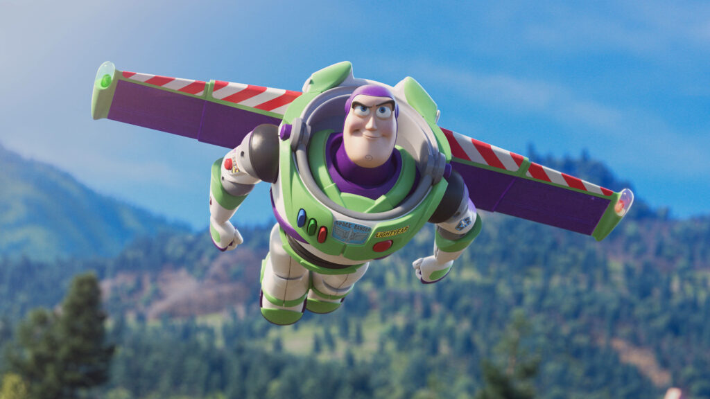Buzz Lightyear flies over green mountains in vibrant blue sky classic Pixar 3D animation wallpaper
