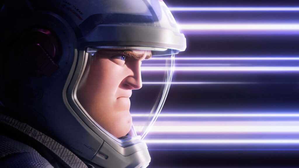 Buzz Lightyear with serious expression and glowing light streaks dynamic wallpaper background