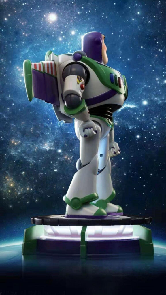 Buzz Lightyear in vibrant spacesuit on futuristic platform with cosmic stars and galaxies background Wallpaper