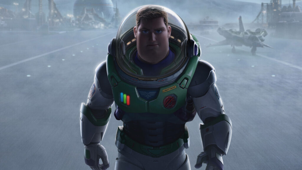 Buzz Lightyear determined in foggy futuristic spaceport with spacecraft and advanced structures Wallpaper