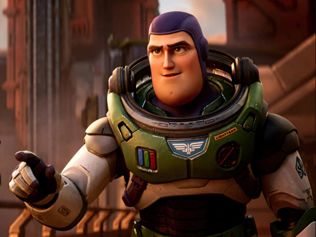 Buzz Lightyear in futuristic suit pointing forward confident high-tech sci-fi wallpaper background