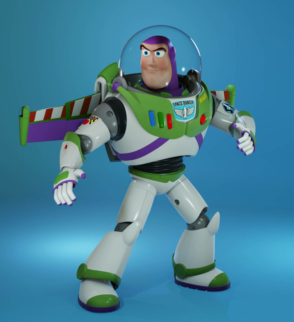 Buzz Lightyear in green white purple suit heroic pose blue gradient 3D Toy Story wallpaper