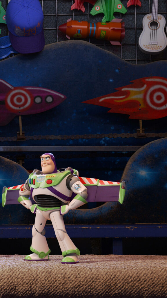 Buzz Lightyear in vibrant toy store with colorful rockets and playful decor wallpaper background